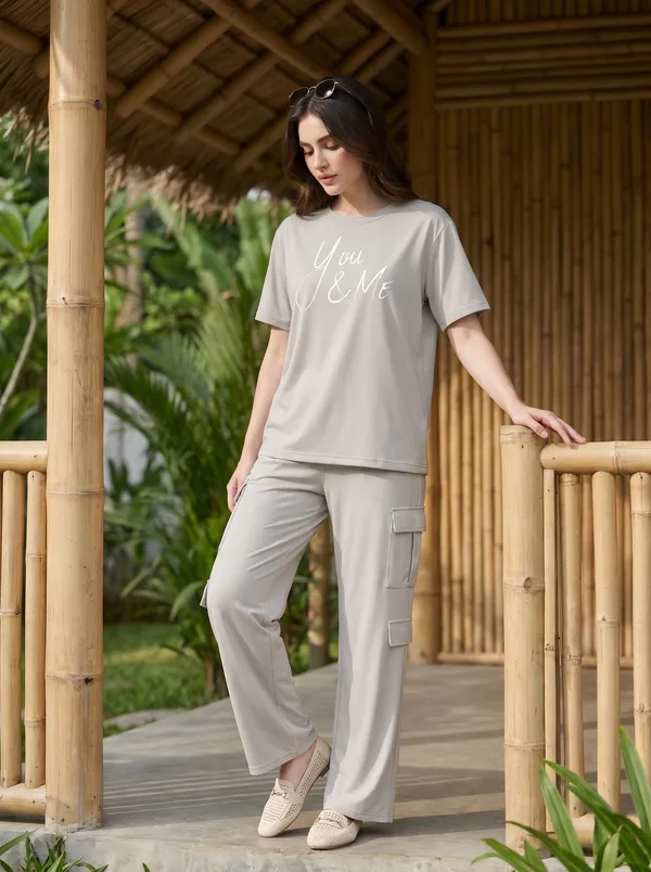 Fasense_Women's_"You_&_Me"_Script_Print_Co-ords_Set_-_Tencel_Super_Soft_Modal_Lycra_Top_and_Cargo_Set