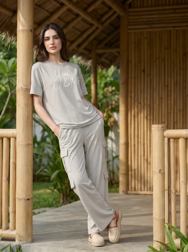 Fasense_Women's_"You_&_Me"_Script_Print_Co-ords_Set_-_Tencel_Super_Soft_Modal_Lycra_Top_and_Cargo_Set