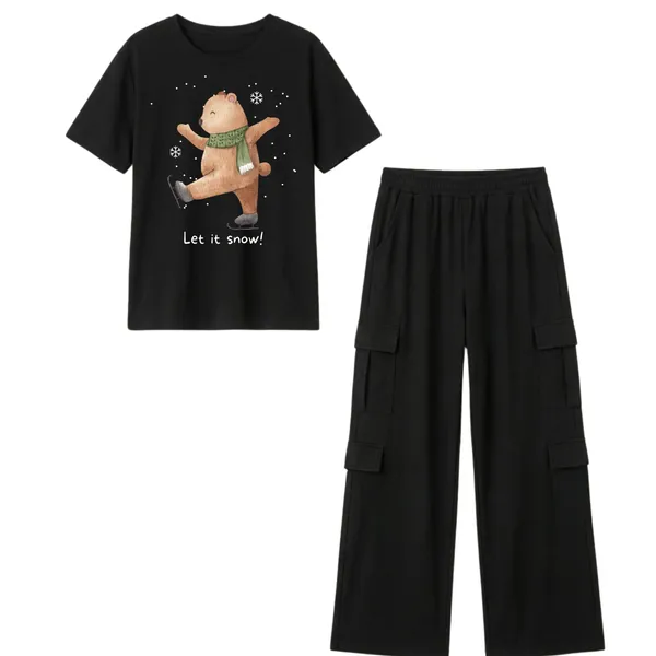 Fasense_Women's_"Let_It_Snow"_Bear_Print_Oversized_T-Shirt_and_Cargo_Set_-_Soft_Graphic_Night_Suit