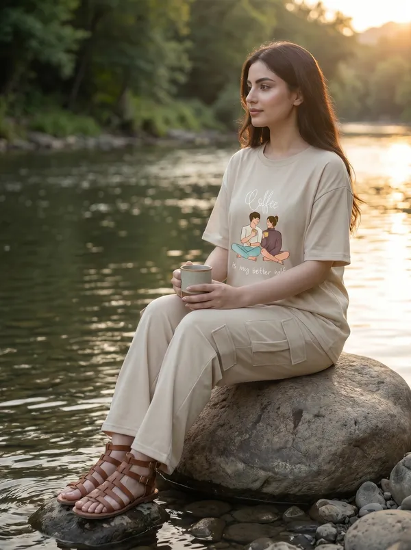 Fasense_Women's_"Coffee_is_my_Better_Half"_Tencel_Modal_Lycra_Oversized_Tshirt_and_Cargo_Set_-_Super_Soft_Breathable_Premium_Night_Suit