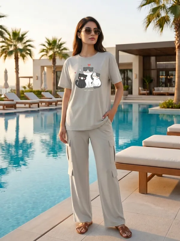 Fasense_Women's_"Cat_Lover"_Tencel_Modal_Lycra_Oversized_Tshirt_and_Cargo_Set_-_Soft_Animal_Print_Night_Suit