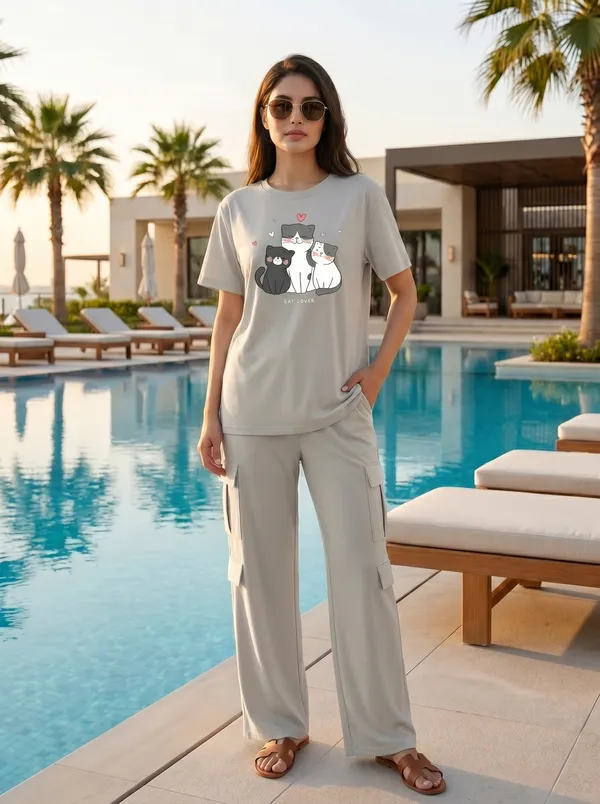 Fasense_Women's_"Cat_Lover"_Tencel_Modal_Lycra_Oversized_Tshirt_and_Cargo_Set_-_Soft_Animal_Print_Night_Suit