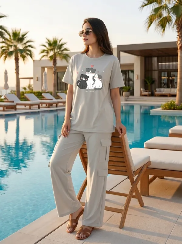 Fasense_Women's_"Cat_Lover"_Tencel_Modal_Lycra_Oversized_Tshirt_and_Cargo_Set_-_Soft_Animal_Print_Night_Suit