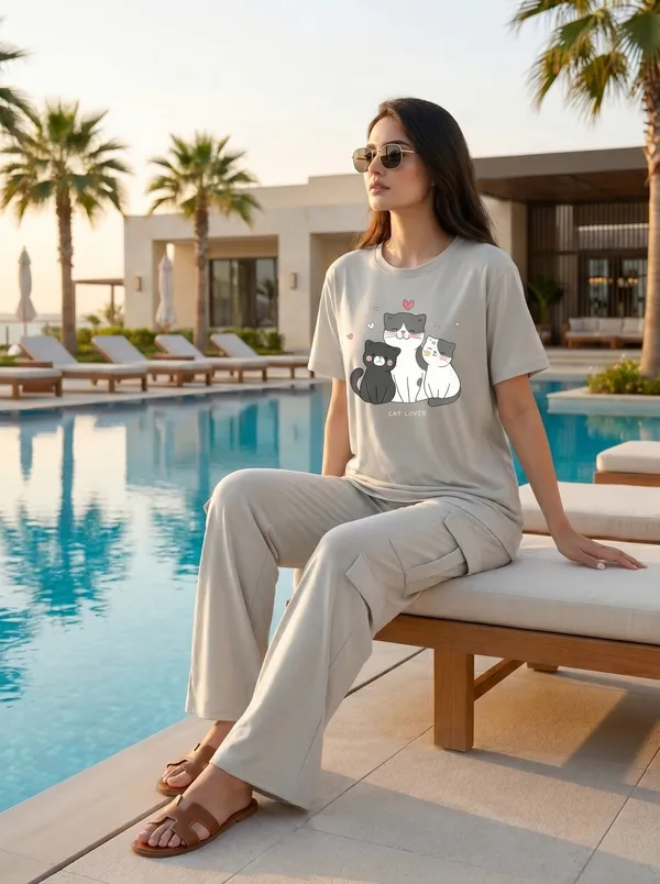 Fasense_Women's_"Cat_Lover"_Tencel_Modal_Lycra_Oversized_Tshirt_and_Cargo_Set_-_Soft_Animal_Print_Night_Suit