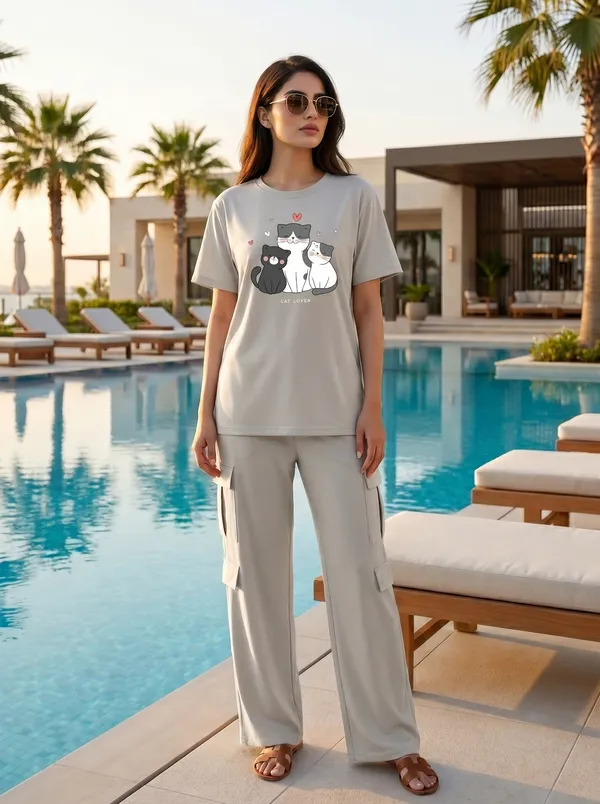Fasense_Women's_"Cat_Lover"_Tencel_Modal_Lycra_Oversized_Tshirt_and_Cargo_Set_-_Soft_Animal_Print_Night_Suit