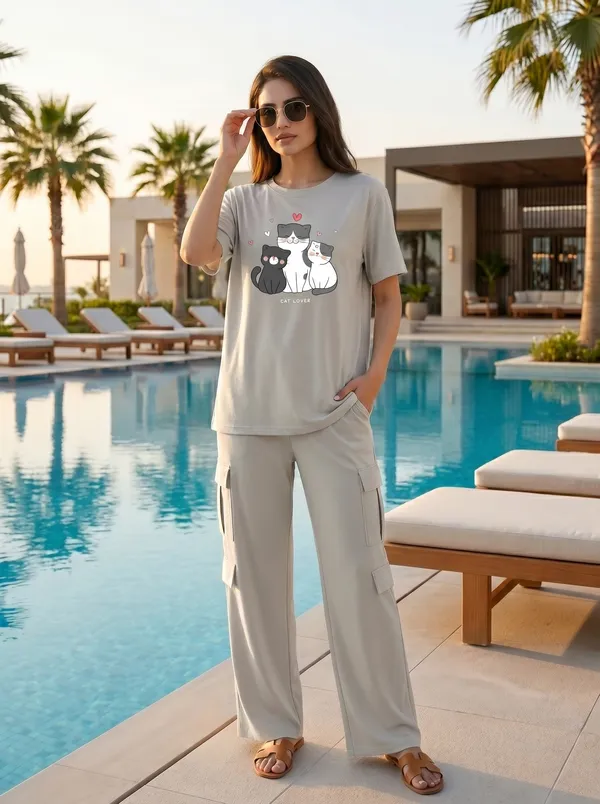 Fasense_Women's_"Cat_Lover"_Tencel_Modal_Lycra_Oversized_Tshirt_and_Cargo_Set_-_Soft_Animal_Print_Night_Suit