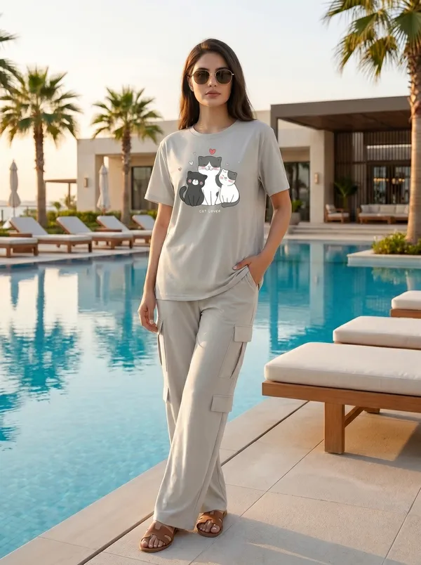 Fasense_Women's_"Cat_Lover"_Tencel_Modal_Lycra_Oversized_Tshirt_and_Cargo_Set_-_Soft_Animal_Print_Night_Suit