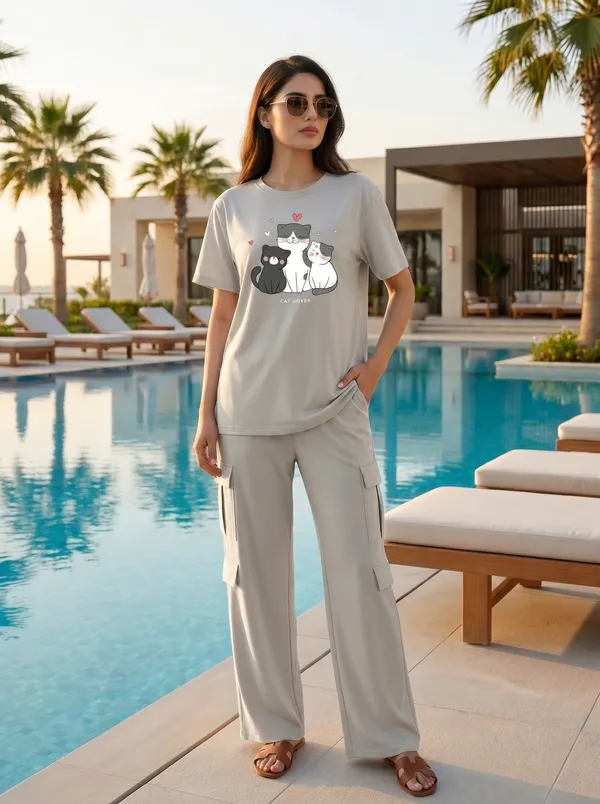 Fasense_Women's_"Cat_Lover"_Tencel_Modal_Lycra_Oversized_Tshirt_and_Cargo_Set_-_Soft_Animal_Print_Night_Suit