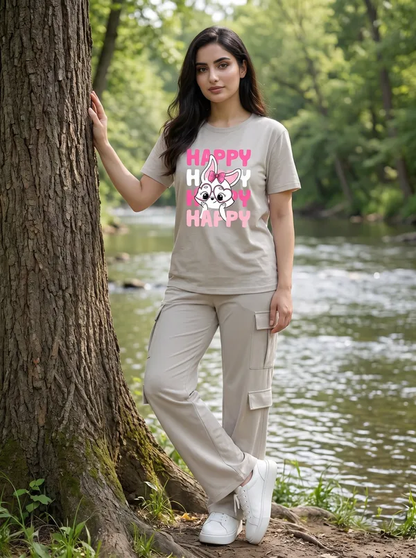Fasense_Women's_"HAPPY"_Cute_Bunny_Graphic_Print_Oversized_T-Shirt_and_Cargo_Set_-_Soft_Lounge_Night_Suit