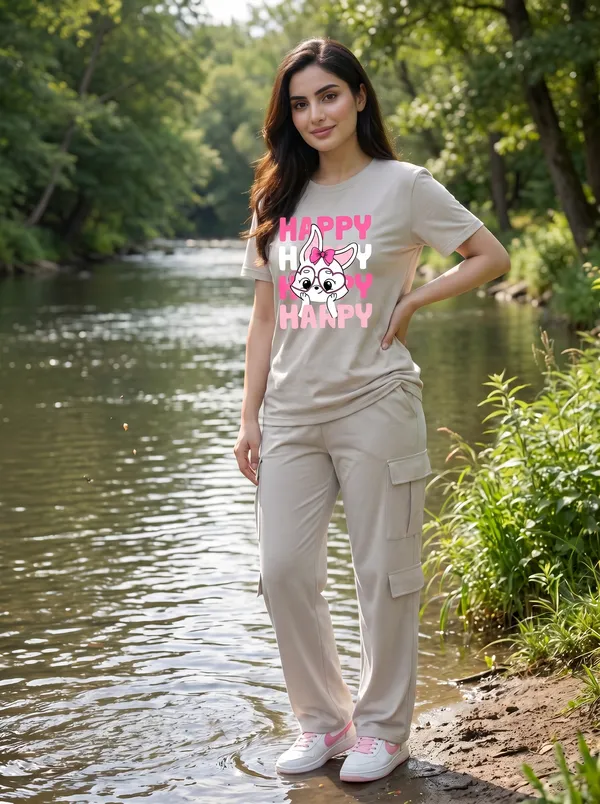 Fasense_Women's_"HAPPY"_Cute_Bunny_Graphic_Print_Oversized_T-Shirt_and_Cargo_Set_-_Soft_Lounge_Night_Suit