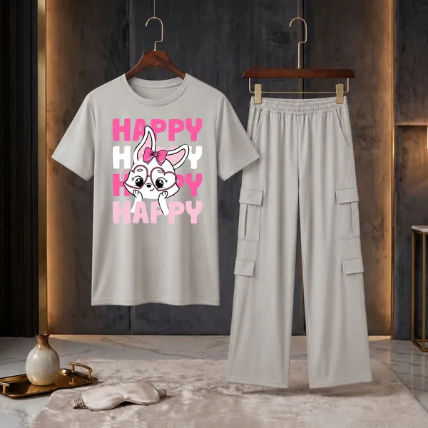 Fasense_Women's_"HAPPY"_Cute_Bunny_Graphic_Print_Oversized_T-Shirt_and_Cargo_Set_-_Soft_Lounge_Night_Suit