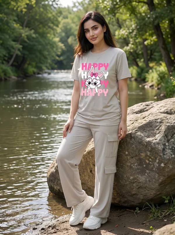 Fasense_Women's_"HAPPY"_Cute_Bunny_Graphic_Print_Oversized_T-Shirt_and_Cargo_Set_-_Soft_Lounge_Night_Suit