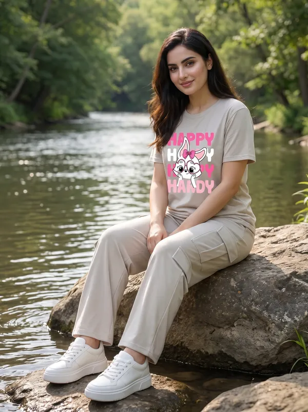 Fasense_Women's_"HAPPY"_Cute_Bunny_Graphic_Print_Oversized_T-Shirt_and_Cargo_Set_-_Soft_Lounge_Night_Suit