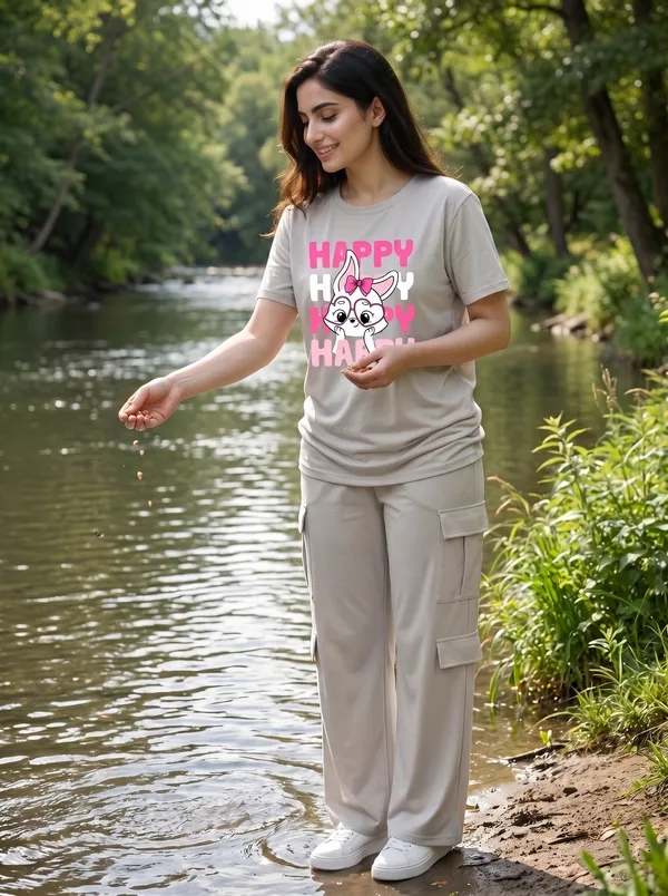 Fasense_Women's_"HAPPY"_Cute_Bunny_Graphic_Print_Oversized_T-Shirt_and_Cargo_Set_-_Soft_Lounge_Night_Suit