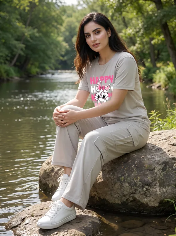 Fasense_Women's_"HAPPY"_Cute_Bunny_Graphic_Print_Oversized_T-Shirt_and_Cargo_Set_-_Soft_Lounge_Night_Suit