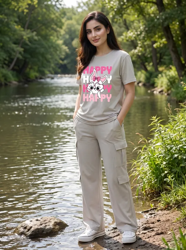 Fasense_Women's_"HAPPY"_Cute_Bunny_Graphic_Print_Oversized_T-Shirt_and_Cargo_Set_-_Soft_Lounge_Night_Suit