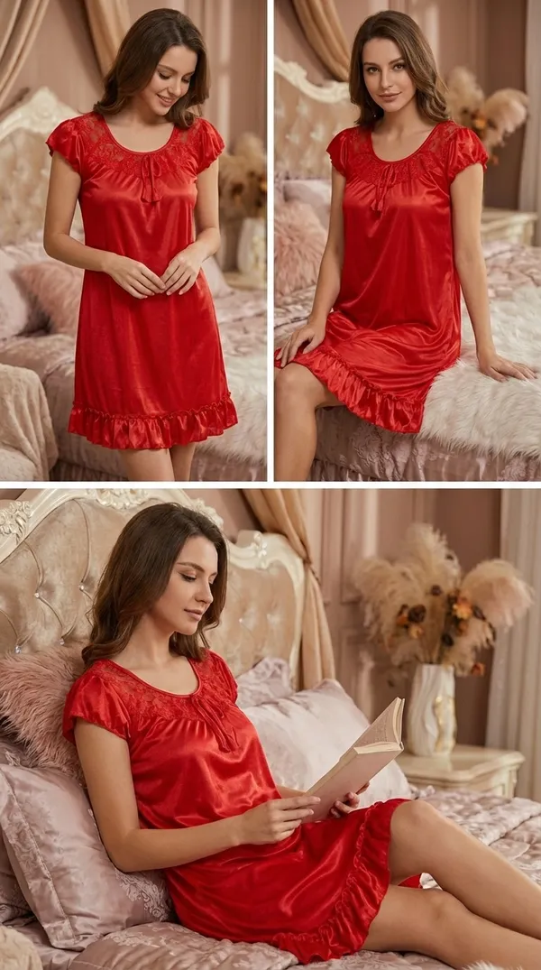 Women's_Maroon_Stretch_Satin_Knee-Length_Nighty_Lace_Embroidered_Sleepwear