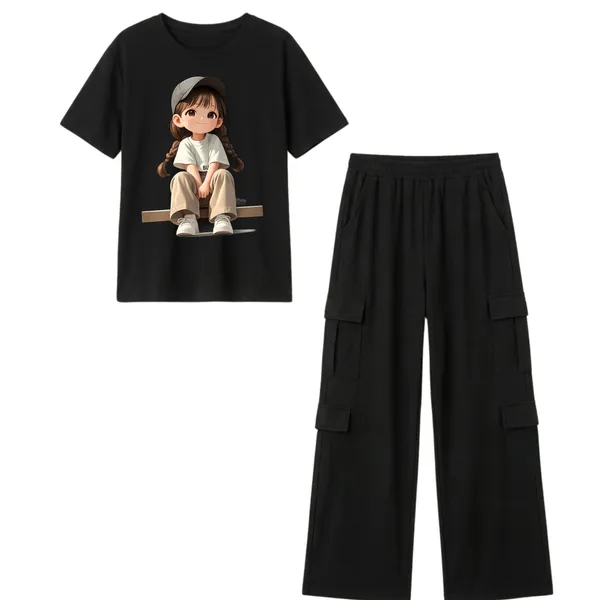 Fasense_Women's_Anime_Girl_Graphic_Print_Oversized_T-Shirt_and_Cargo_Set_-_Soft_Lounge_Night_Suit