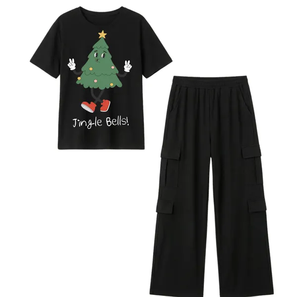 Fasense_Women's_"Jingle_Bells!"_Christmas_Tree_Print_Oversized_T-Shirt_and_Cargo_Set_-_Soft_Graphic_Night_Suit