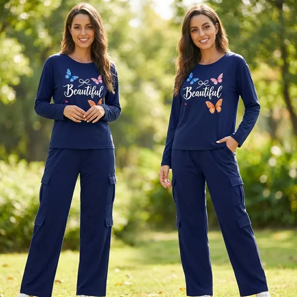 Fasense_Women's_Navy_Blue_Tencel_"Beautiful"_Printed_Night_Suit_-_Oversized_Full_Sleeve_Top_And_Cargo_Pyjama_Set_-_Soft_Premium_Loungewear