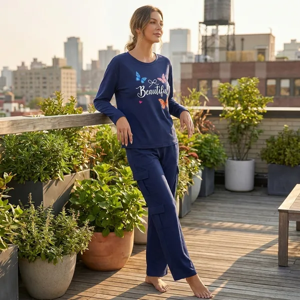 Fasense_Women's_Navy_Blue_Tencel_"Beautiful"_Printed_Night_Suit_-_Oversized_Full_Sleeve_Top_And_Cargo_Pyjama_Set_-_Soft_Premium_Loungewear