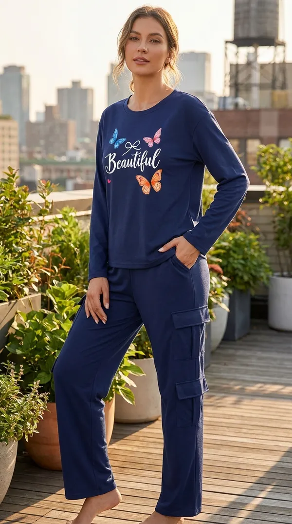 Fasense_Women's_Navy_Blue_Tencel_"Beautiful"_Printed_Night_Suit_-_Oversized_Full_Sleeve_Top_And_Cargo_Pyjama_Set_-_Soft_Premium_Loungewear