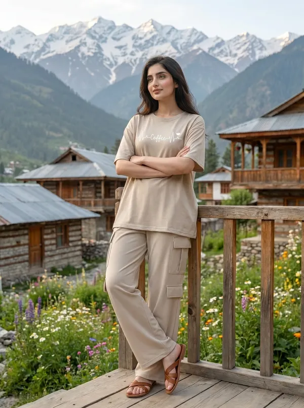 Fasense_Women's_"Get_Lost_In_Nature"_Tencel_Modal_Lycra_Oversized_Tshirt_and_Cargo_Set_-_Adventure_Vibe_Night_Suit