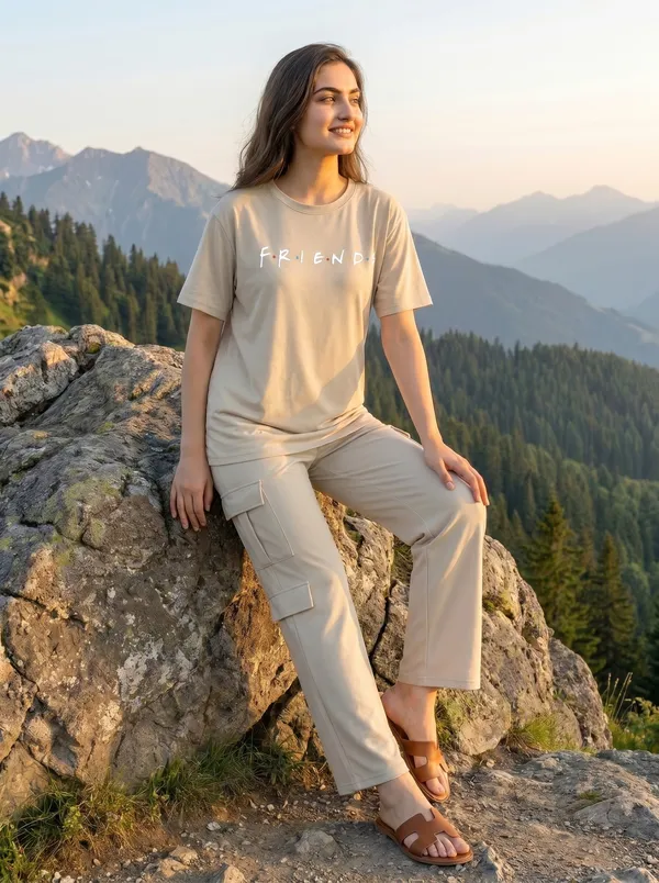 Fasense_Women's_"Friends"_Tencel_Modal_Lycra_Oversized_Tshirt_and_Cargo_Set_-_Soft_Graphic_Night_Suit