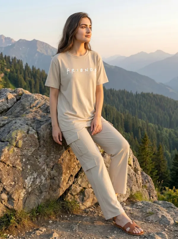 Fasense_Women's_"Friends"_Tencel_Modal_Lycra_Oversized_Tshirt_and_Cargo_Set_-_Soft_Graphic_Night_Suit