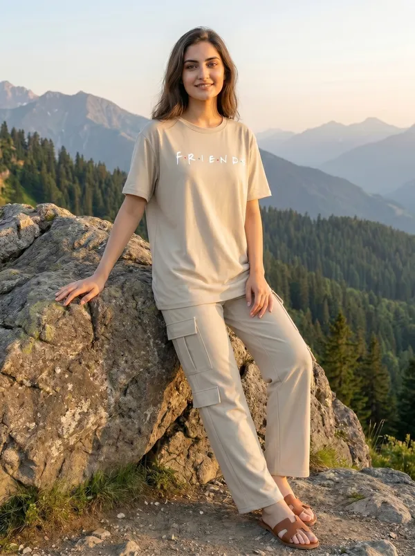 Fasense_Women's_"Friends"_Tencel_Modal_Lycra_Oversized_Tshirt_and_Cargo_Set_-_Soft_Graphic_Night_Suit