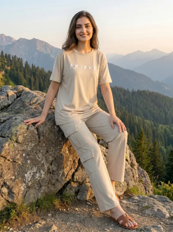 Fasense_Women's_"Friends"_Tencel_Modal_Lycra_Oversized_Tshirt_and_Cargo_Set_-_Soft_Graphic_Night_Suit