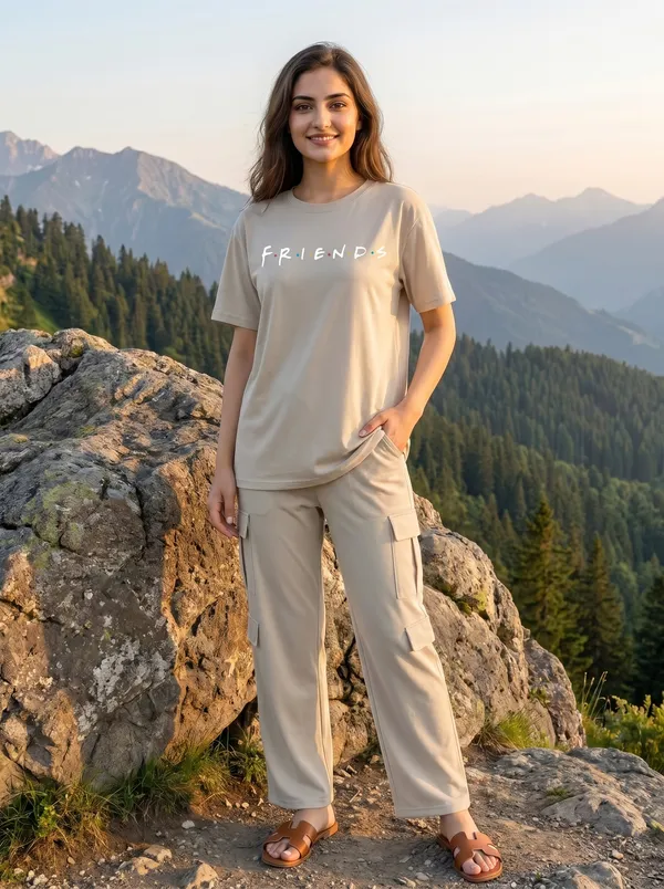 Fasense_Women's_"Friends"_Tencel_Modal_Lycra_Oversized_Tshirt_and_Cargo_Set_-_Soft_Graphic_Night_Suit