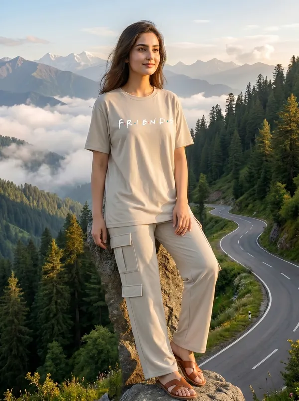 Fasense_Women's_"Friends"_Tencel_Modal_Lycra_Oversized_Tshirt_and_Cargo_Set_-_Soft_Graphic_Night_Suit