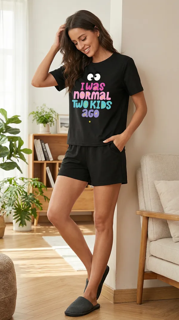 Fasense_Women's_Ultra-Soft_Tencel_Modal_Night_Suit_-_"I_Was_Normal_Two_Kids_Ago"_Funny_Top_and_Shorts_Set_with_Side_Pockets