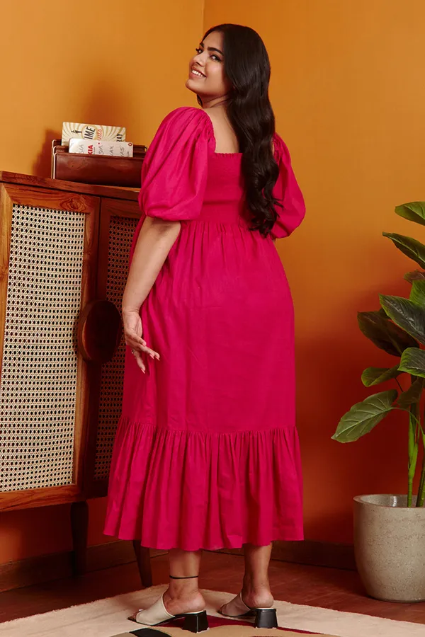 Bright_Pink_Aurore_Maternity_Balloon_Sleeves_Midi_Dress