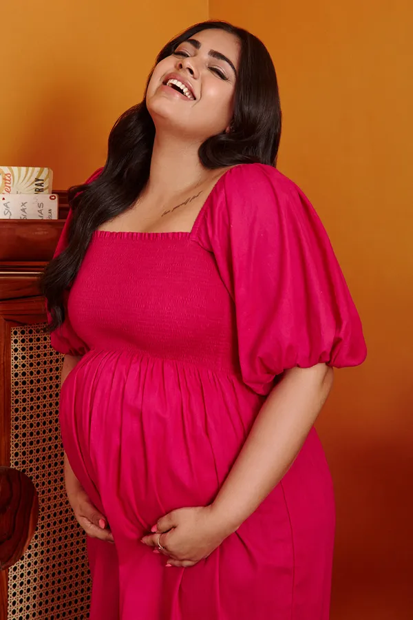 Bright_Pink_Aurore_Maternity_Balloon_Sleeves_Midi_Dress