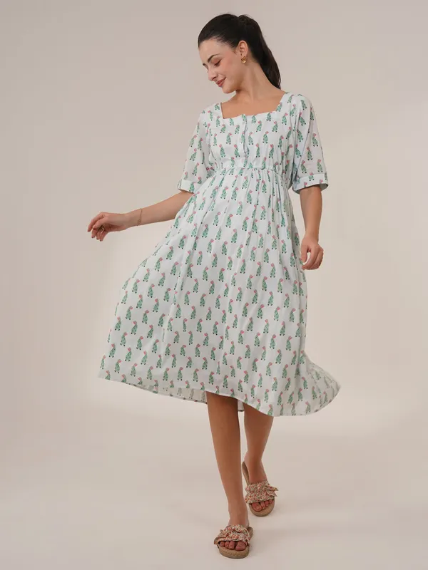 White_With_Green_Print_Floral_Breeze_Maternity_&_Nursing_Midi_Dress