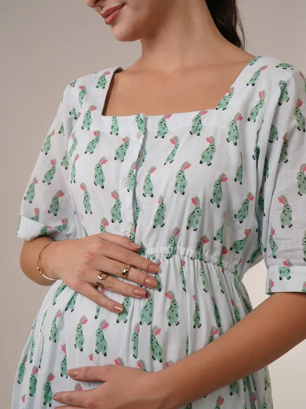 White_With_Green_Print_Floral_Breeze_Maternity_&_Nursing_Midi_Dress