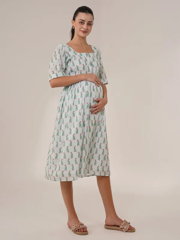 White_With_Green_Print_Floral_Breeze_Maternity_&_Nursing_Midi_Dress