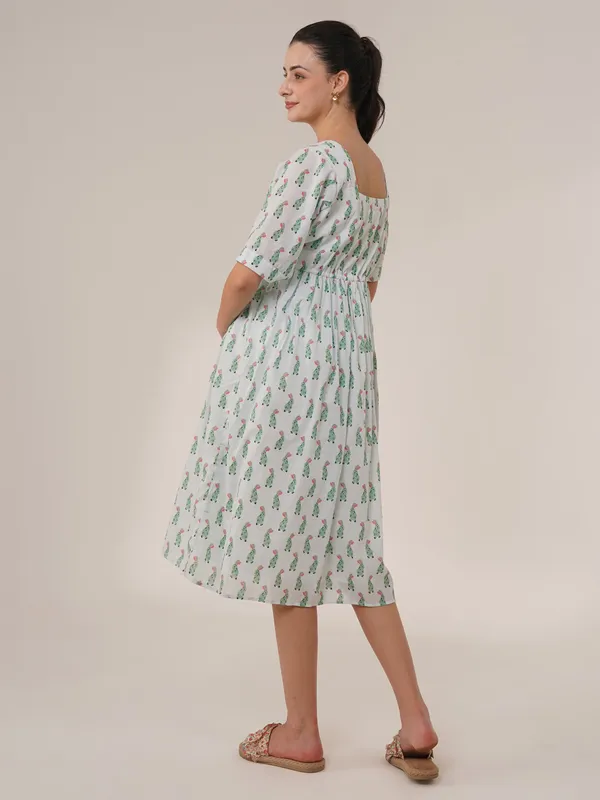 White_With_Green_Print_Floral_Breeze_Maternity_&_Nursing_Midi_Dress