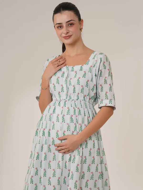 White_With_Green_Print_Floral_Breeze_Maternity_&_Nursing_Midi_Dress