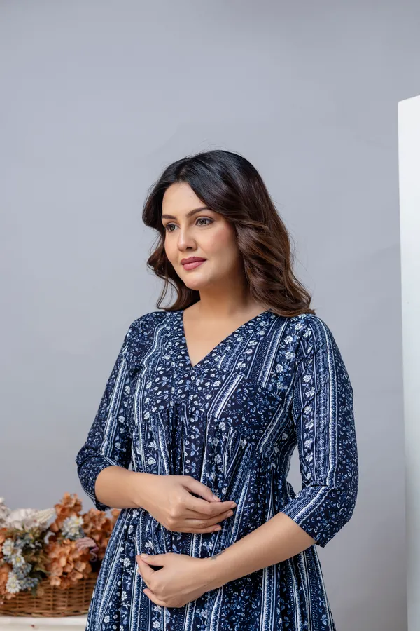 NavyBlue_Pure_Jaipuri_Cotton_Printed_Maternity_Dress_For_Women