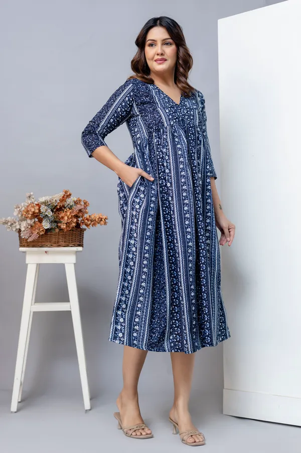 NavyBlue_Pure_Jaipuri_Cotton_Printed_Maternity_Dress_For_Women