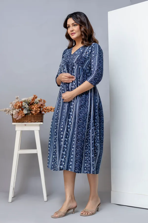 NavyBlue_Pure_Jaipuri_Cotton_Printed_Maternity_Dress_For_Women