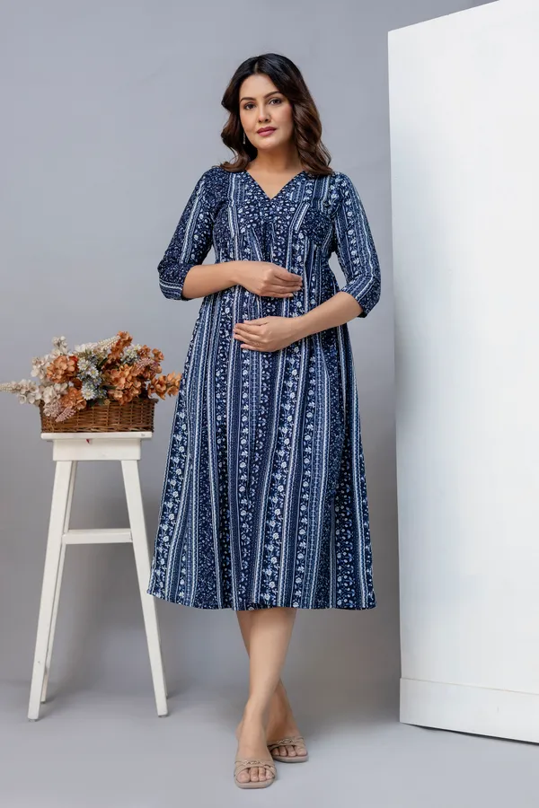 NavyBlue_Pure_Jaipuri_Cotton_Printed_Maternity_Dress_For_Women