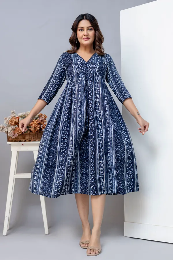 NavyBlue_Pure_Jaipuri_Cotton_Printed_Maternity_Dress_For_Women