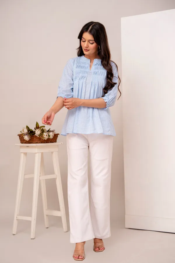 ANNA_MONNA_Women_Checked_Mandarin_Collar_Cotton_Top