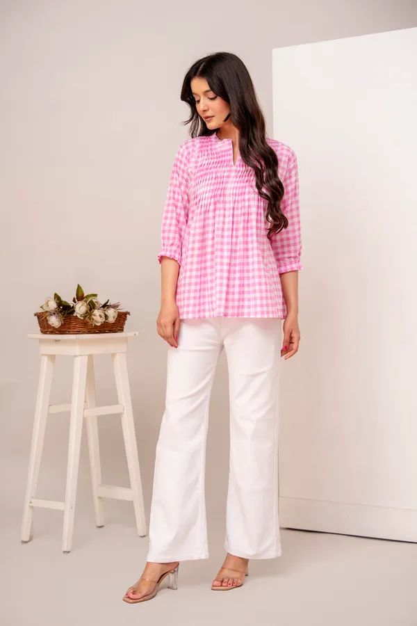 ANNA_MONNA_Women_Checked_Mandarin_Collar_Cotton_Top