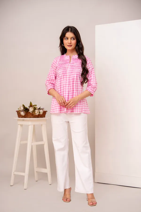 ANNA_MONNA_Women_Checked_Mandarin_Collar_Cotton_Top