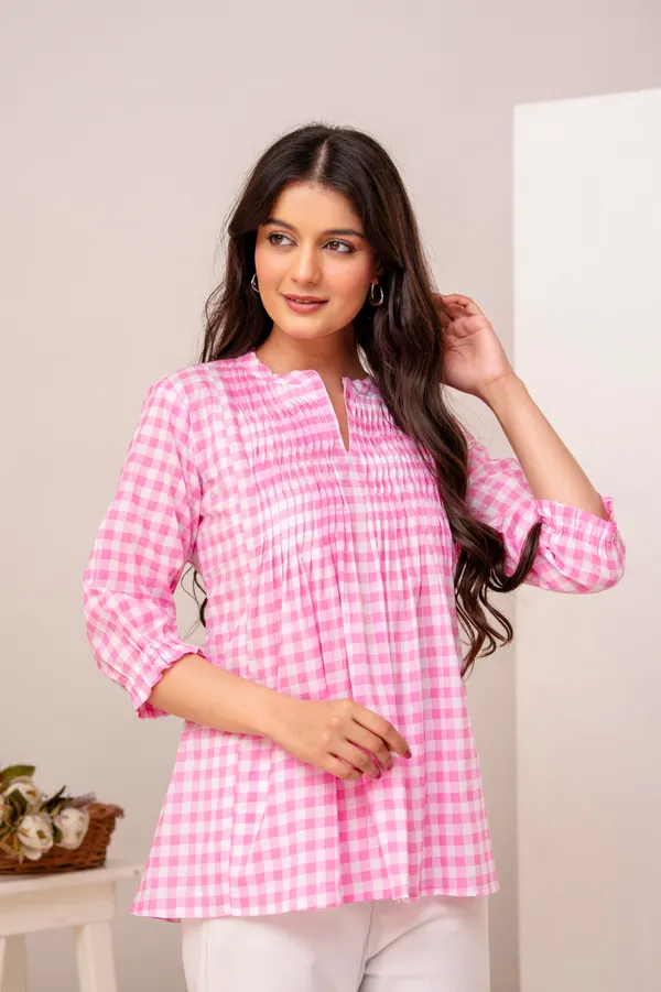 ANNA_MONNA_Women_Checked_Mandarin_Collar_Cotton_Top